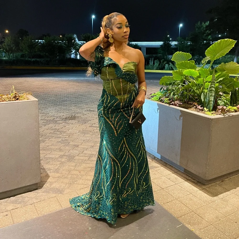 Custom African Floor-length Gown Green and Gold - Picture 3 of 5